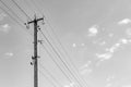 Power electric pole with line wire on light background close up