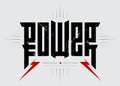 Power - emblem, badge, original lettering with lightnings and grunge effect. Music illustration. Vector print for t-shirt or gym Royalty Free Stock Photo