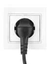 Power European electric plug isolated on a white. black electric cord plugged into a white electricity socket on white background