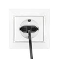 Power European electric plug isolated on a white. black electric cord plugged into a white electricity socket on white background Royalty Free Stock Photo