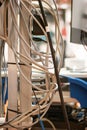 Power extension cord with multiple sockets, multiple power cords plugged in, inside a lab. Close up shot, shallow depth of field,