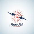 Power Fist Abstract Vector Emblem, Symbol or Logo Template. Hand Holding Lightning Bolt Silhouette with Retro Typography Royalty Free Stock Photo