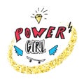 Power girl. Hand drawn lettering with cartoon gemstone, lightning, wings and skateboard.