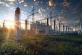Power grid station at sunset Royalty Free Stock Photo