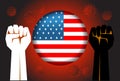 Power hand with novel corona virus or COVID-19 virus stained on the United America Flag button, Fight for american concept