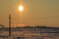 The power industry, Support of high-voltage transmission lines, Yellow background from sunset Royalty Free Stock Photo