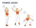 Power Jacks Exercise Female Home Workout Guidance. Power Jumps illustration a young woman in sportswear does the Fitness