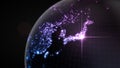 Power of japan, energy beam on tokyo. dark globe with illuminated cities and human density areas. 3d illustration