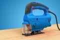 Power jigsaw sawing a wood board, 3D rendering Royalty Free Stock Photo
