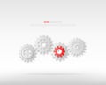 Power of leadership or teamwork concepts. Gray gears wheels and one red gear on white background