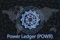 Power Ledger POWR Abstract Cryptocurrency. With a dark background and a world map. Graphic concept for your design