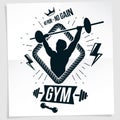 Power lifting competition poster created with vector illustration of muscular bodybuilder holding barbell sport equipment. No Royalty Free Stock Photo