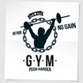Power lifting competition poster created with vector illustration of muscular bodybuilder holding barbell sport equipment and Royalty Free Stock Photo