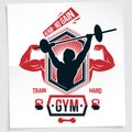 Power lifting competition poster created with vector illustration of muscular bodybuilder holding barbell sport equipment. No Royalty Free Stock Photo