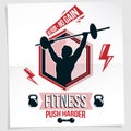 Power lifting competition poster created with vector illustration of muscular bodybuilder holding barbell sport equipment. No pain Royalty Free Stock Photo