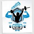 Power lifting competition poster created with vector illustration of muscular bodybuilder holding barbell sport equipment. No pain Royalty Free Stock Photo