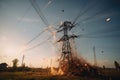 power line breakage with sparks flying from broken wires