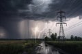 power line breakage in stormy weather, with lightning and thunder