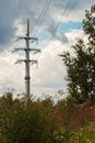 Power line consists of conductors suspended by towers or poles. Royalty Free Stock Photo