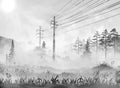 Power line in countryside. Vector realisic illustration of rural area with transmission line passing through the grass