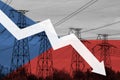 Power line and flag of Czech. Energy crisis. Concept of global energy crisis. Decreased electricity generation. Graph arrow is