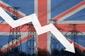 Power line and flag of Great Britain. Energy crisis. Concept of global energy crisis. Decreased electricity generation. Graph