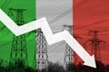 Power line and flag of Italy. Energy crisis. Concept of global energy crisis. Decreased electricity generation. Graph arrow is