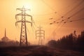Power line in the fog at sunrise. Beautiful winter landscape with electricity pylons. Big electricity pylon view at sunset time, Royalty Free Stock Photo