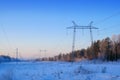 Power line in the forest in winter Royalty Free Stock Photo