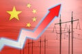 Power line and graph on background of the flag of China. Energy crisis. Concept of global energy crisis. Increase in electricity