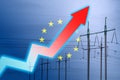 Power line and graph on background of the flag of European Union. Energy crisis. Concept of global energy crisis. Increase in