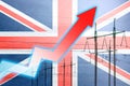 Power line and graph on background of the flag of Great Britain. Energy crisis. Concept of global energy crisis. Increase in