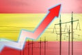 Power line and graph on background of the flag of Spain. Energy crisis. Concept of global energy crisis. Increase in electricity