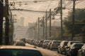 power line hanging dangerously low above busy highway, with traffic inching by Royalty Free Stock Photo