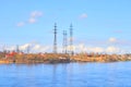 Power line and Neva River at early spring.