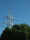 Power line pylon over green trees and blue sky background Royalty Free Stock Photo