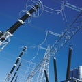 Power line pylons during a beautiful saturated sky. distribution, transmission and consumption of electricity Royalty Free Stock Photo