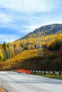 Power line support in Ural mountains in autumn Royalty Free Stock Photo