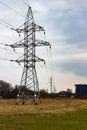 Power line tower at the city on spring day at Kaliningrad