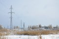 The power line tower is located in a marshy area, covered with snow. Large field of yellow bulrushes