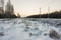 Power line in winter at dawn Royalty Free Stock Photo