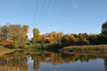 Power lines above the pond in autumn