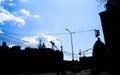 Power lines on blue sky background Royalty Free Stock Photo