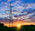 Power lines on a colorful sunrise ,Electric power lines against sky at sunrise