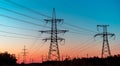 Power lines on a colorful sunrise ,Electric power lines against sky at sunrise