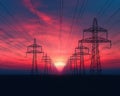 power lines with electricity pylons at twilight. Royalty Free Stock Photo