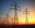 power lines with electricity pylons at twilight.