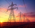 power lines with electricity pylons at twilight.