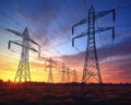 power lines with electricity pylons at twilight.