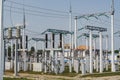 Power lines. High voltage electrical yard substation